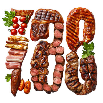 stylized meat platter shaped into number 786 using grilled cuts, photoreal and clean, white background, --raw