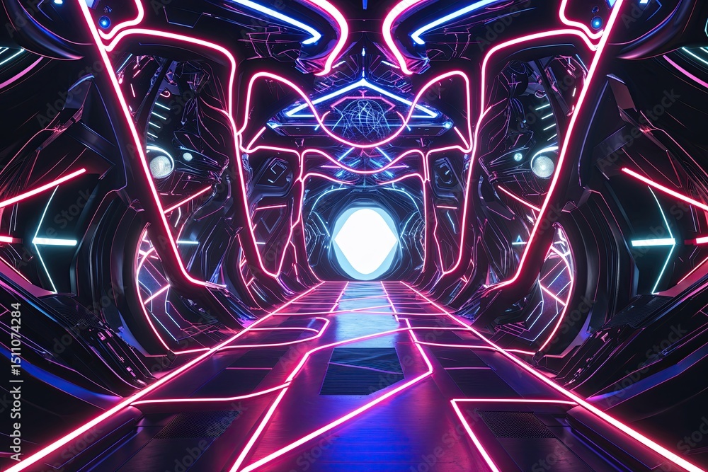 Poster futuristic visions: bright neon lines weaving intricate forms in enigmatic design