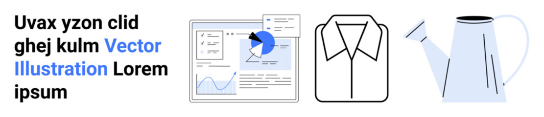 Analytics with charts and graphs, outlined shirt symbol, and a watering can. Ideal for business, fashion, gardening, creativity, education, sustainability simple landing page