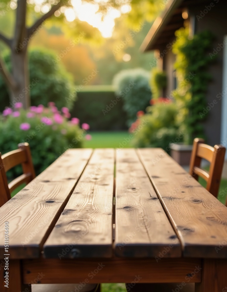 Poster warm sunlight filters through lush trees, creating a peaceful atmosphere around a rustic wooden tabl