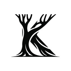 The LOGO design combines the letter "K" with the element of a large banyan tree, featuring positive and negative shapes. Minimalist ICONS, artistic, simple, black, vector, pure white background, 