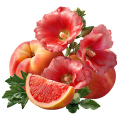 Sun-kissed peach and juicy grapefruit with delicate hollyhock petals – vibrant food photography PNG isolated on transparent background