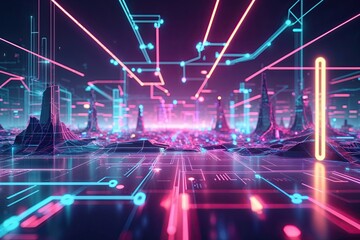 Futuristic Digital Network with Abstract Connections and Neon Atmosphere