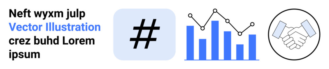 metadata tag icon, bar chart, line graph, and handshake outline represent data, analytics, collaboration, marketing, social trends partnerships and strategy. Ideal for business reports