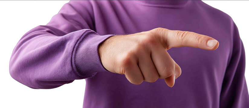A hand of a young man person pointing to the right wearing purple long sleeves against a transparent background high resolution high quality image