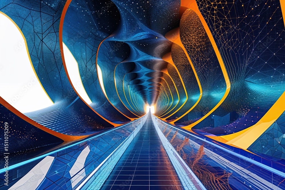 Poster vibrant abstract technology background: conceptual wave bridge with geometric textures and neural ne