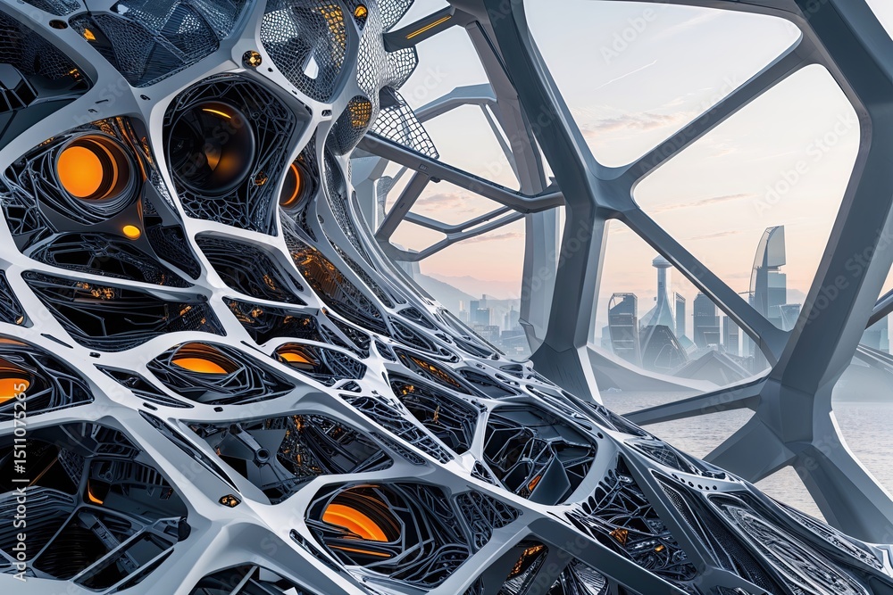 Poster intricate mesh designs and structures for a futuristic communication theme