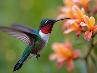 Stunning macro photograph of colorful hummingbird in flight with iridescent blue-green feathers and orange throat among flowers.

