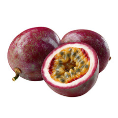 Ripe passion fruit cut open with vibrant seeds – fresh food photography PNG isolated on transparent background
