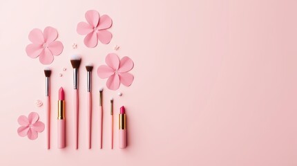 Minimalist flat lay of essential makeup tools and pink flowers, clean geometric design for modern beauty branding