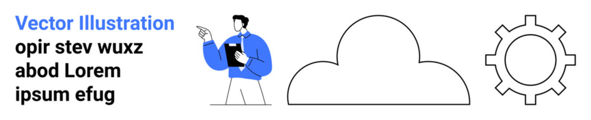 Businessperson holding clipboard and pointing, cloud shape, and gear outline. Ideal for teamwork, project management, innovation, cloud computing, technology, planning simple landing page