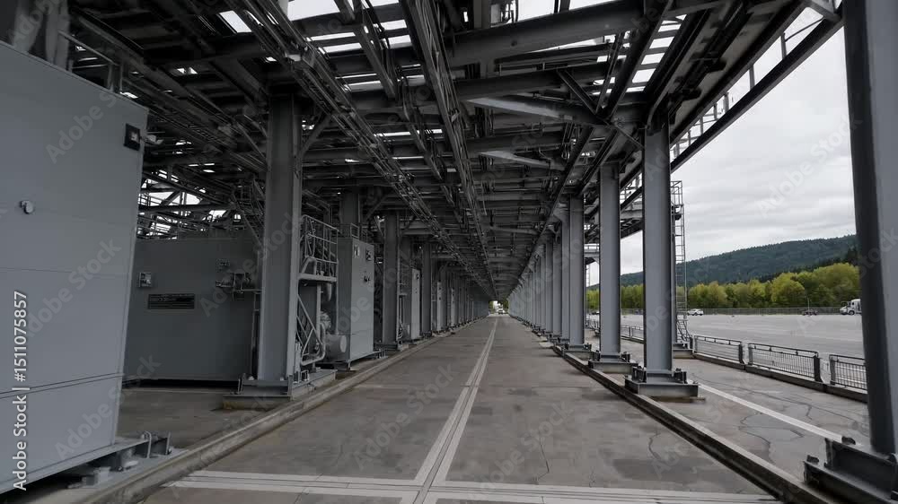 Poster industrial walkway by the river with large equipment and grey structures in an open area during clou