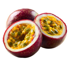 Ripe passion fruit cut open with vibrant seeds – fresh food photography PNG isolated on transparent background