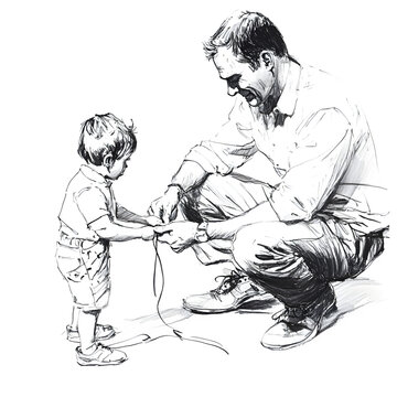 fine black ink sketch of dad tying child?s shoelaces, viewed from side, soft and emotional, clean white background, --raw