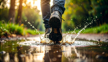 Joyful Splash Feet Stepping in Puddle during Sunset Hike