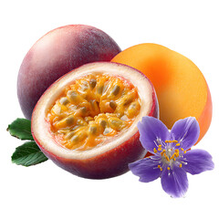 Exotic passion fruit and ripe apricot with elegant larkspur petals – vibrant food photography PNG isolated on transparent background