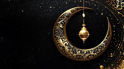 Ornate crescent moon with hanging lamp