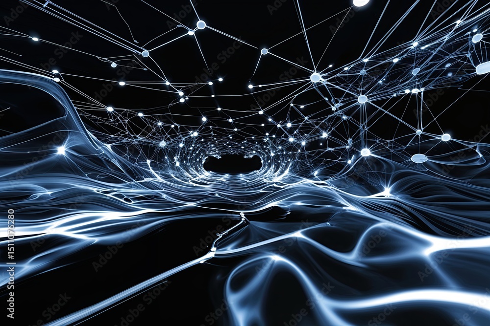 Poster sophisticated black abstract background featuring fluid technology movements and networking concepts