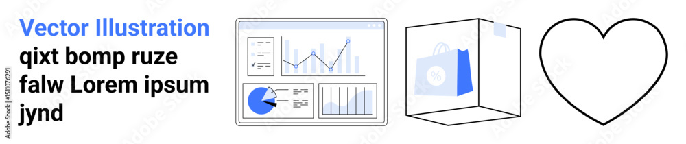 Poster data graphs, charts, 3d file storage box, and heart icon for usage in business, data analysis, techn