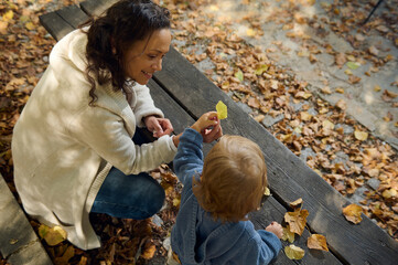 Fototapeta premium Mother and child enjoying autumn leaves in the park