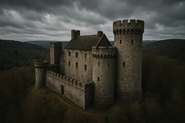 Majestic castle overlooking dense forest under cloudy sky
