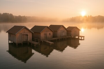 Obraz premium Tranquil sunrise over lakeside boathouse reflecting on misty water