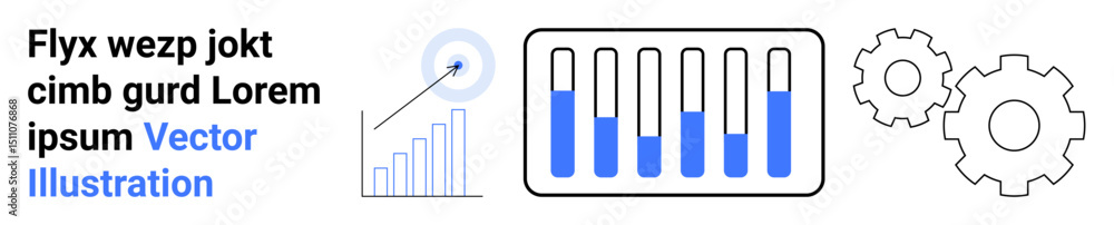 Poster line graph with pointer, bar chart with progress visuals, and gear icons symbolize analytics, data t