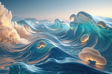 Luminous Waves and Organic Forms in a Surreal Digital Landscape