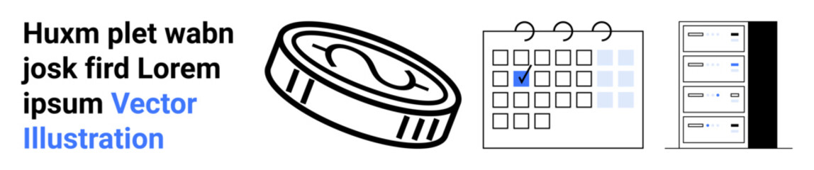 Coin indicates monetary value, calendar marks scheduling importance, server shows data storage or hosting. Ideal for finance, planning, scheduling, database management, technology, productivity