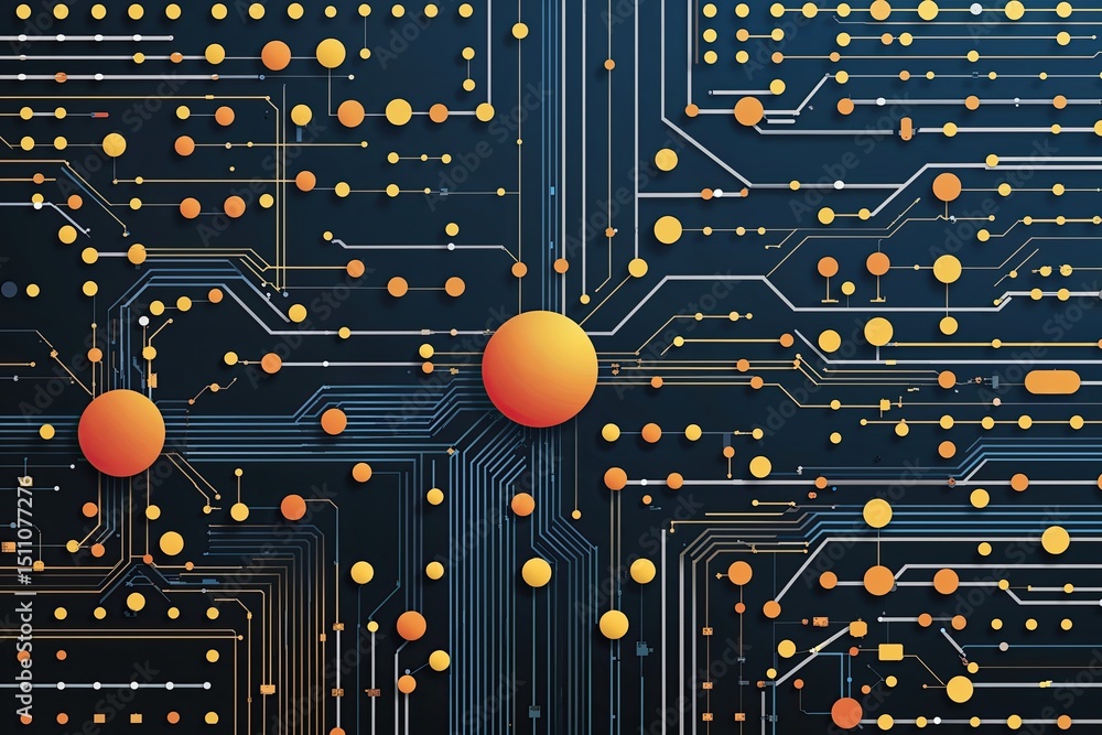 Poster modern geometric circuit design with dots and lines in a digital network