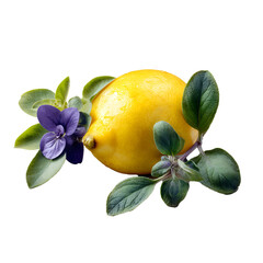Bright lemon with fresh purslane and sage leaves – culinary herb and citrus PNG isolated on transparent background