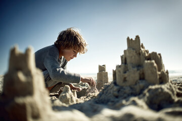 Blond boy building a sandcastle on the beach during summer vacation