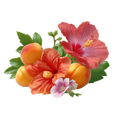 Lush apricot with delicate verbena and vibrant hibiscus petals – food photography PNG isolated on transparent background