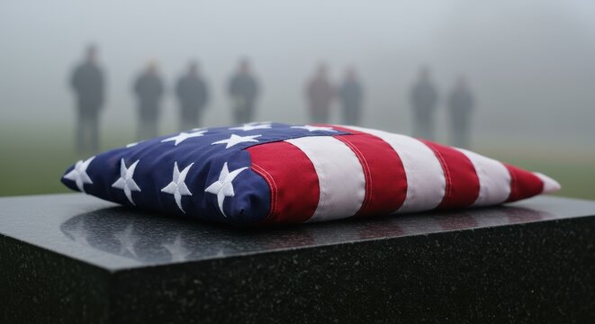Foggy scene with a flag on a stone monument and silhouettes of people in the background