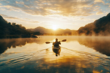 Person rowing a boat on a calm river during a peaceful summer day