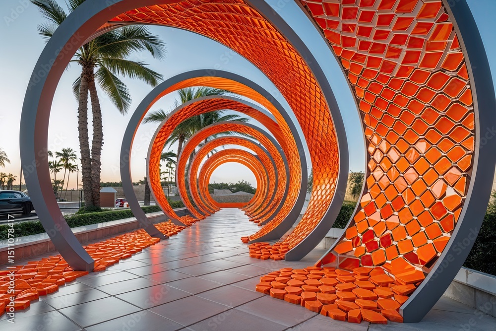 Poster stunning arc design featuring vibrant 3d orange curves and hexagonal tile pattern