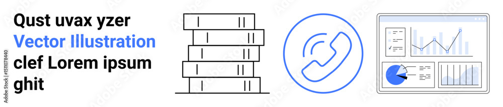 Poster stack of books, phone receiver icon, data visualization with graphs and pie chart. ideal for communi
