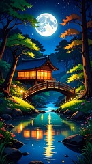 Fototapeta premium Peaceful pagoda reflects in still waters under a full moon in serene nighttime forest landscape.