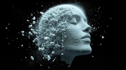 A woman's face, sculpted in light gray, dissolving into particles against a black background.