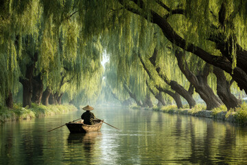 Rowing a boat down a calm river surrounded by weeping willows in summer