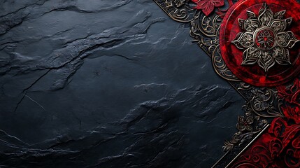 Dark stone background with ornate red and gold decorations
