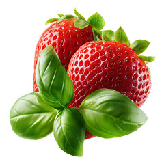 Juicy strawberry with fresh basil leaves – vibrant food photography PNG isolated on transparent background