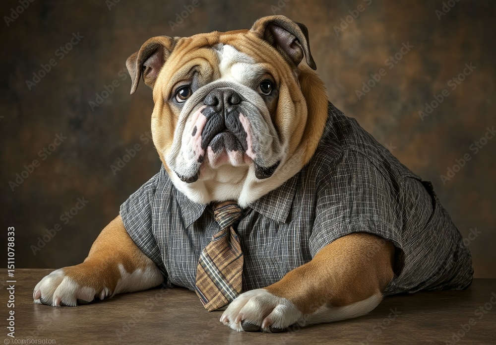 Poster image of a dog wearing a business suit in an office setting created by generative ai