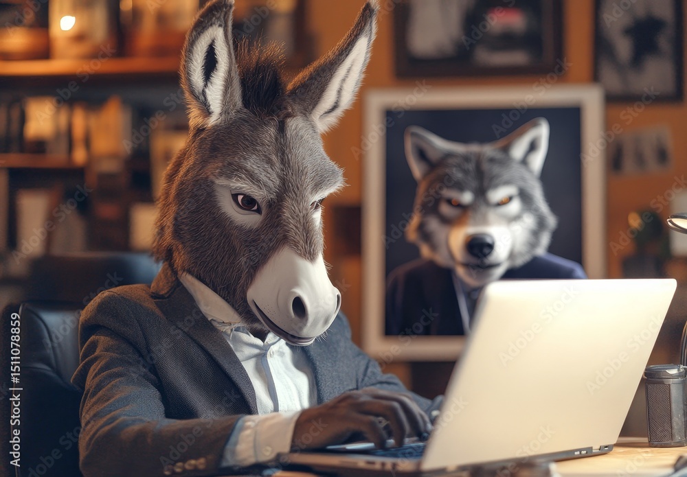 Poster image of a donkey wearing a business suit in an office setting created by generative ai