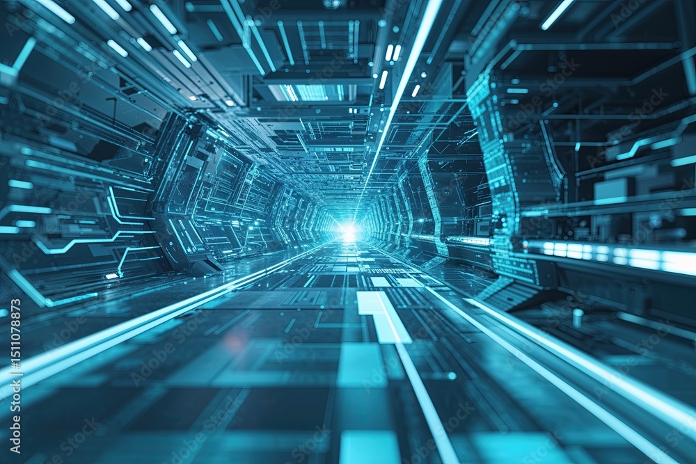 Poster cybernetic abstraction: dynamic graphics in ethereal azure colors