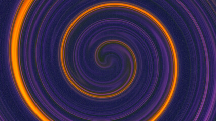 Abstract fractal background of spiral shape in neon orange, indigo, dark blue, violet, purple colours. Swirling wave groovy pattern. Bright curved lines. Dusty noise texture. Retro design illustration