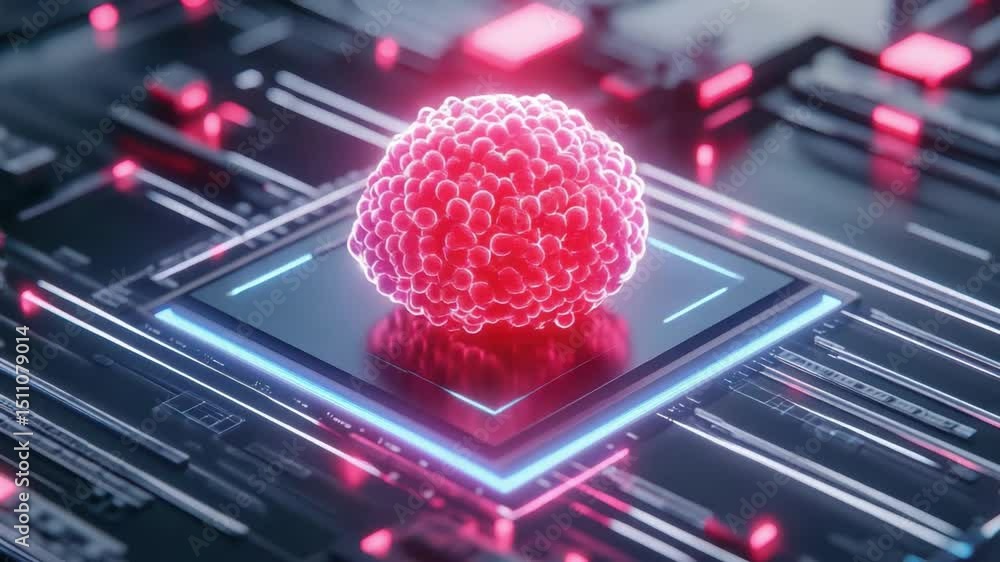 Poster digital representation of a vibrant neural network with glowing nodes on a circuit board background