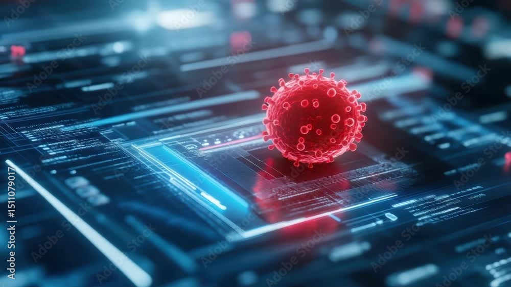 Poster futuristic digital representation of virus with data visualization and technology elements in cyber 