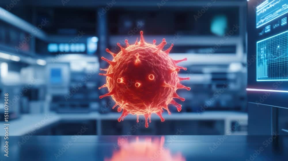 Poster 3d visualization of virus in laboratory setting with scientific equipment and monitors in background