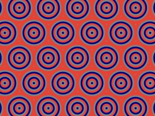 Seamless geometric pattern featuring concentric circles in shades of red, blue, and gray, ideal for modern textile designs.